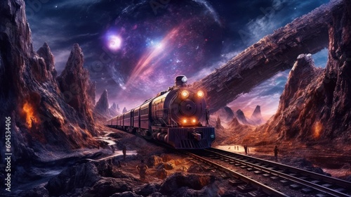 sci fi train flying through galaxy