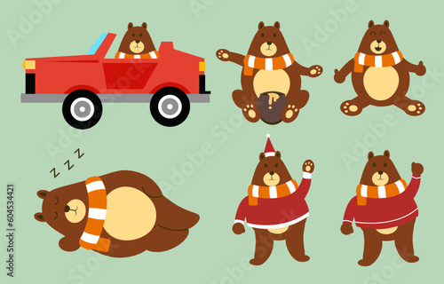 Set of brown bear with various characters