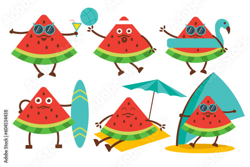 Fototapeta Naklejka Na Ścianę i Meble -  Set of piece of watermelon in various activity in summer vector