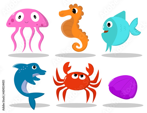 Set of Sea creature ocean animals with cartoon character