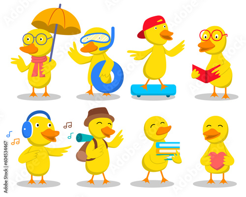 Set of cute yellow duck in summer theme vector