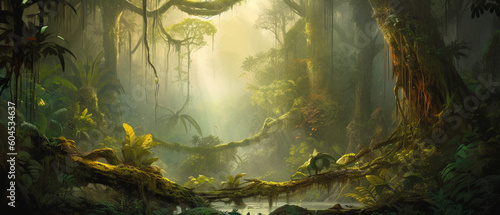 A captivating misty forest landscape illustration. Generative AI image