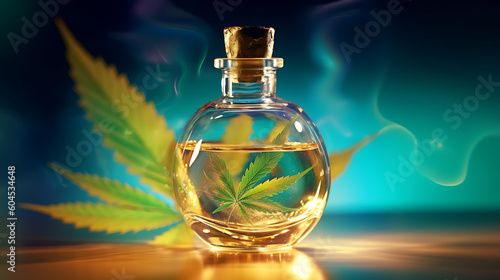 Medical cannabis liquid oil glass bottle, outside hemp oil splash hemp leaf generative ai