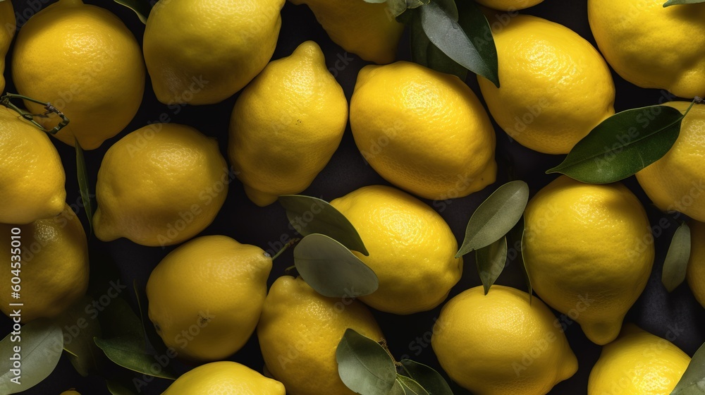 A pile of lemons with green leaves on them