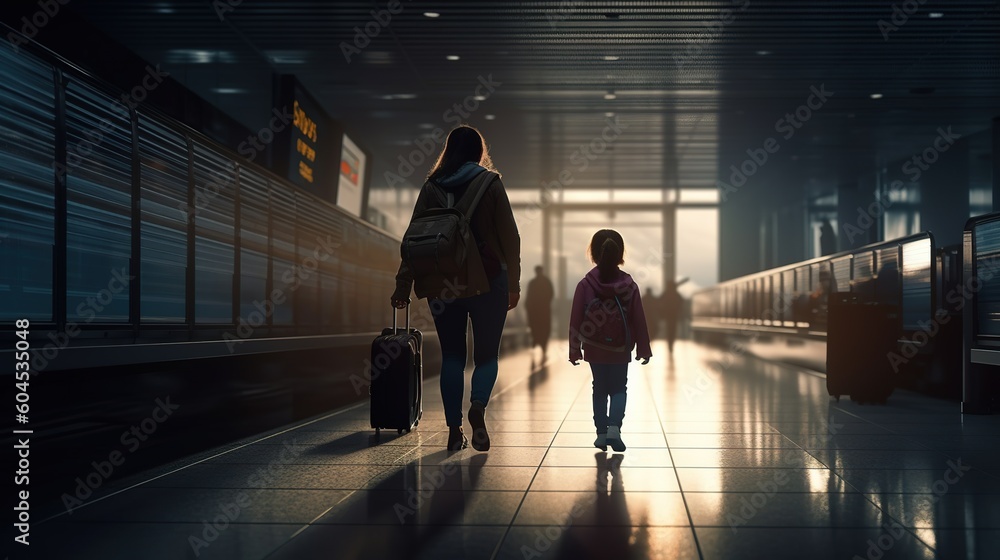 A woman and a child walk through an airport with a suitcase luggage bag