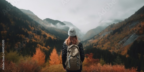 A woman with a backpack stands in a mountain landscape.