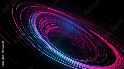 a mesmerizing and futuristic desktop background featuring pink and blue neon lines spinning around a black hole