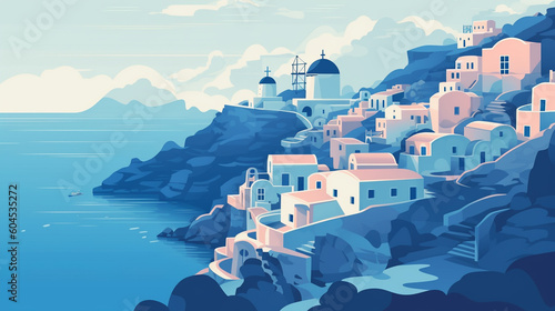 A breathtaking vector illustration of Santorini island, Greece. Generative AI image