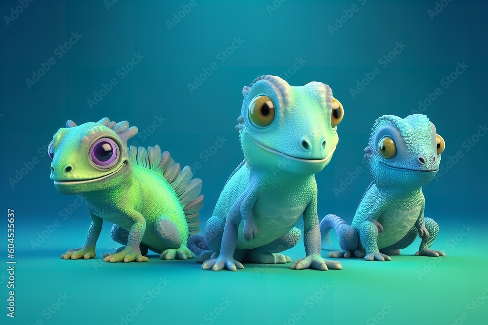 Cute 3D Cartoon Reptiles: Chameleon Character Set, 3d, cartoon, character, cute, reptiles, chameleon, set, colorful, adorable, lizard, exotic, animal,