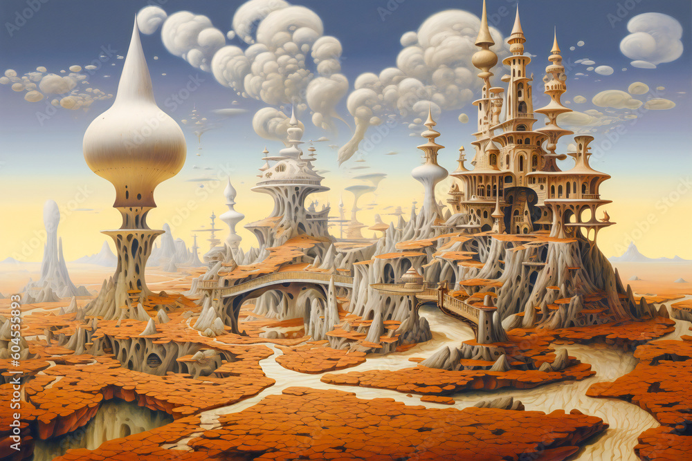Obraz premium Fantasy illustration of surreal buildings surrounded by unusual strange trees or vegetation. Created with Generative AI technology.