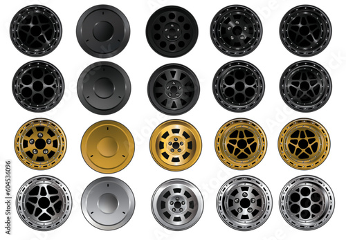 A few sets of editable rims in vector format  . Standard rims , Beadlock  speedway  rims in 4 colours and 3 rim patterns .Beadlock rims come in centre , and 2 offsets mudcovers included photo