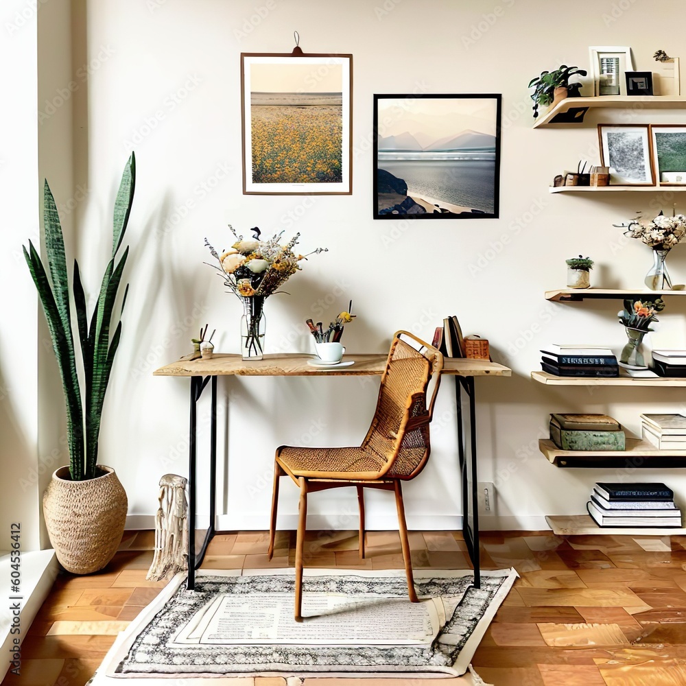 Obraz premium Empty wooden picture frame mockup hanging on beige wall background. Boho-shaped vase, dry flowers on table. Cup of coffee, old books. Working space, home office. Art, poster display. Modern interior.