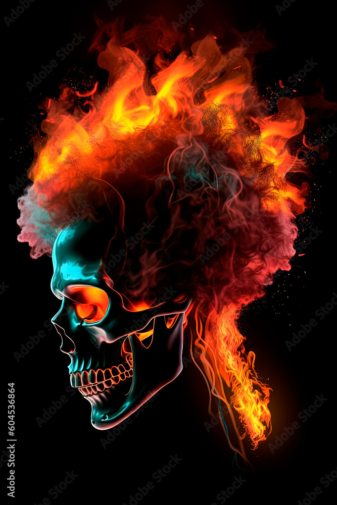 A skull with a fiery mohawk on its head. Generative AI A skull with a fiery mohawk on its head. Generative AI
