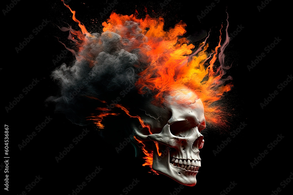 A skull with a fiery mohawk on its head. Generative AI