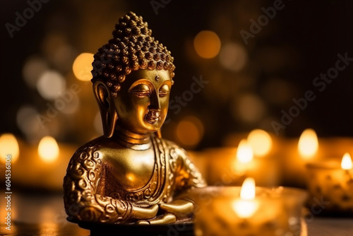 Buddha image in peaceful meditation pose with copy space concept for buddhism holidays and religion, generative AI © Urachat