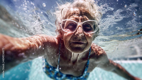 Healthy senior woman swimming under water in public pool, mineral water pool. Happy pensioner enjoying sportive lifestyle. Active retirement concept. happy funny image of elderly having fun  © annebel146