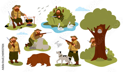 Hunter and dog character. Different hunting types. Man in hiking clothes with gun and puppy in nature. Stalking prey. Forest animals. Male hiding and cooking on bonfire. Garish vector set