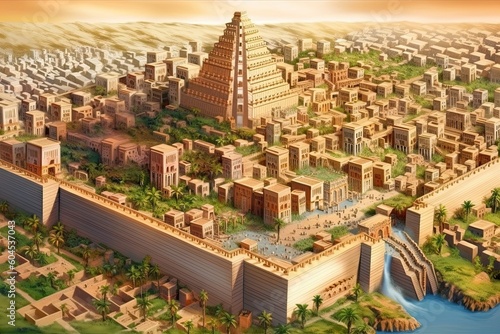 Ancient Babylon town with famous Babel tower, Generative AI photo