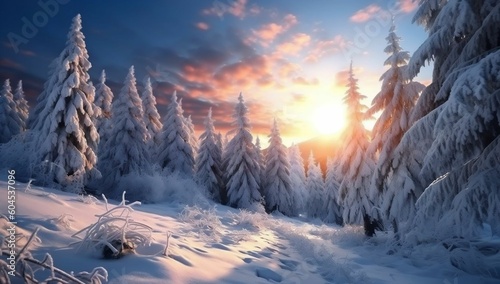 Frosty Spruce Branches.Outdoor frost scene. Snow winter background. Nature forest light landscape. Beautiful tree and sunrise sky. Sunny, snowy, scenic, snowfall generative ai variation 4  © Abdul