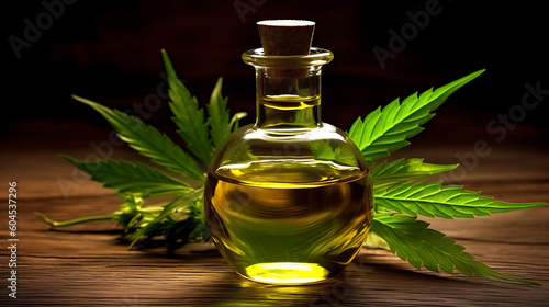Medical cannabis liquid oil glass bottle on wooden table outside hemp leaf generative ai
