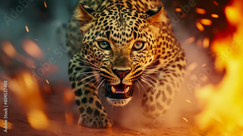 Capturing the Menacing Power of an Angry Cheetah Running through Fire and Smoke, Generative AI
