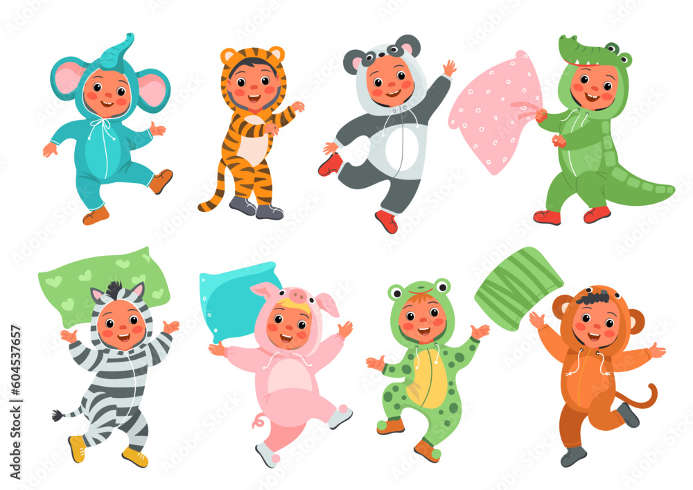 Naklejka premium Kids animal pajamas. Funny children in cute nightwear. Sleepover party. Crocodile or elephant outfit. Panda and tiger kigurumi. Pillow fight. Happy boys and girls. Splendid vector set