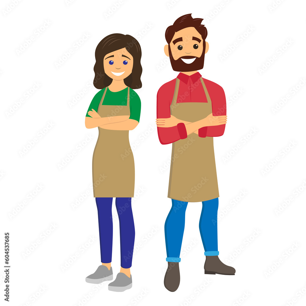 Baristas. Young man and woman with an aprons. Character Illustration on transparent background