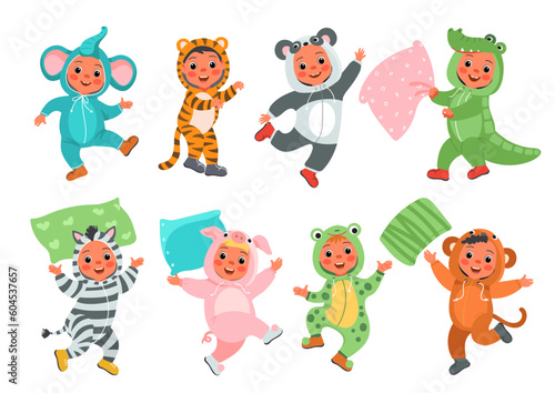 Kids animal pajamas. Funny children in cute nightwear. Sleepover party. Crocodile or elephant outfit. Panda and tiger kigurumi. Pillow fight. Happy boys and girls. Splendid vector set