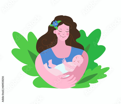  Young woman, mother with a baby in her arms. Infant, maternity, newborn, Breastfeeding Day. Children's Day. Vector illustration on isolated background.