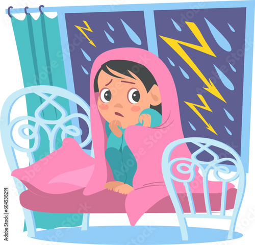 Kids fear. Frightened boy afraid of thunderstorm. Children phobia. Rainstorm and lightning. Scared baby under blanket on bed. Anxiety imagination. Panicked young person. Vector concept