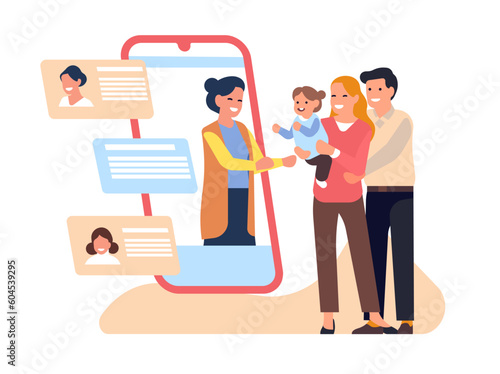 Man and woman with baby choose nanny online. Professional babysitter candidate on smartphone screen, parent hold child. Agency application, cartoon flat style isolated vector concept