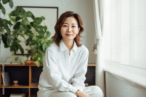 Portrait of a middle-aged Asian businesswoman at home in her home office looking at camera.