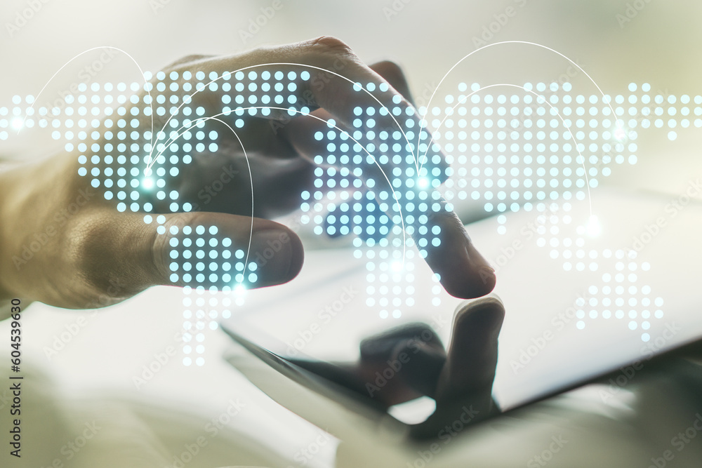 Abstract creative world map with connections and finger clicks on a digital tablet on background, international trading concept. Multiexposure Abstract creative world map with connections and finger clicks on a digital tablet on background, international trading concept. Multiexposure