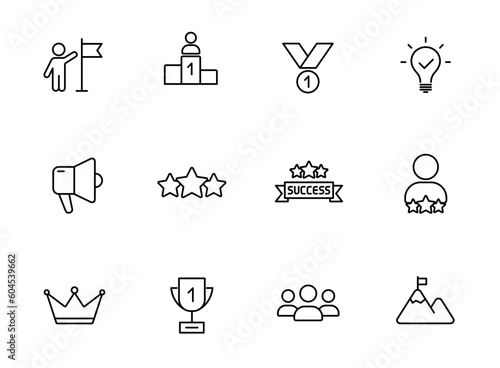 success outline icons isolated on white background. success line icons for web and ui design, mobile apps, print polygraphy and promo advertising business