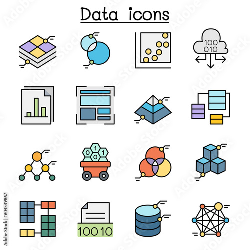 Data, chart, diagram and Graph color line icon set