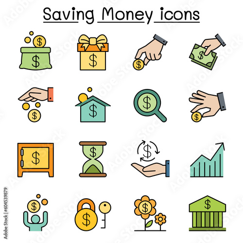 Saving money and Investment color line icon set