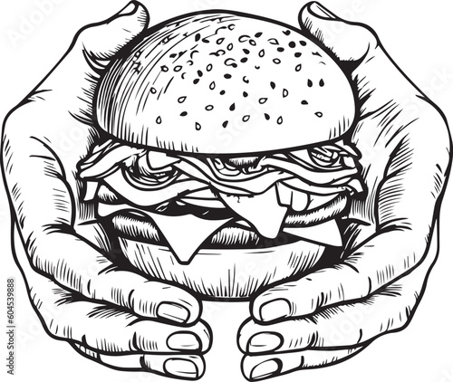 Hands hold a burger, burger in hands Vector Illustration, SVG