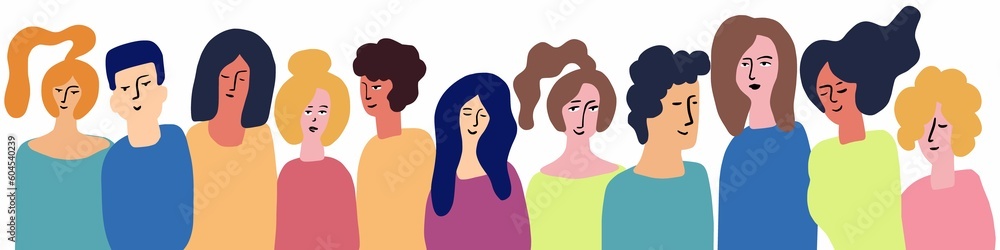 Vector horizontal illustration of a group of men and women, hand-drawn in the style of doodles. A group of young people. Vector horizontal illustration of a group of men and women, hand-drawn in the style of doodles. A group of young people.