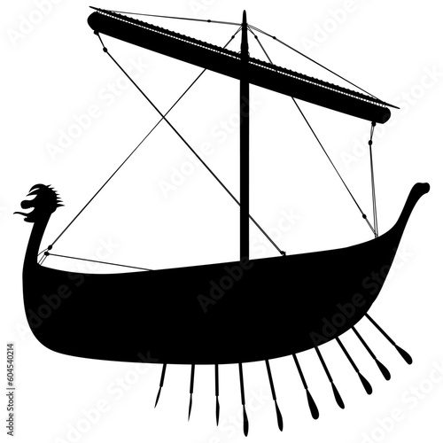 Viking scandinavian drakkar silhouette. Norman rowing ship sailing. Vector illustration isolated on white background.