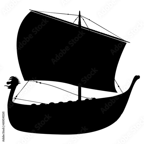 Viking scandinavian drakkar silhouette. Norman ship sailing. Vector illustration isolated on white background.