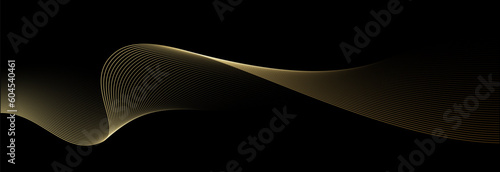 Abstract vector wavy lines flowing smooth curve gold gradient color on black background in concept of luxury, technology, science, music, modern.