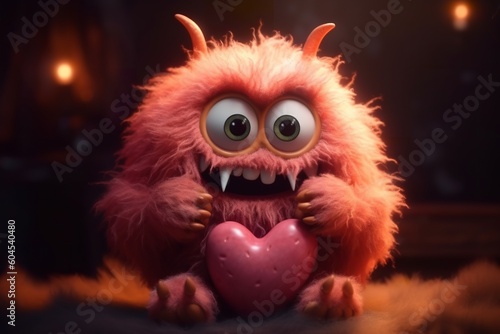 Loveable Beast: Adorable Monster Holding a Heart for Cute Valentines