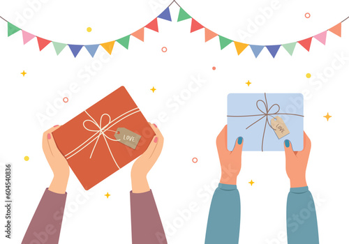 Hands holding gift box with flags of colorful ribbons, Banner, greeting card concept.