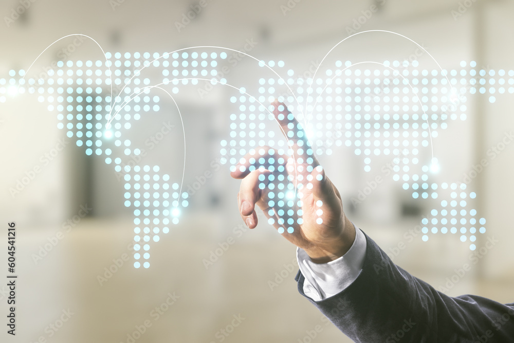 Man hand working with abstract virtual world map with connections on blurred office background, international trading concept. Multiexposure Man hand working with abstract virtual world map with connections on blurred office background, international trading concept. Multiexposure