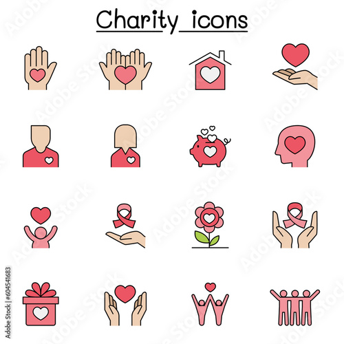 Charity and Donation color line icon set