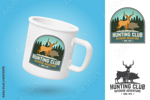 White camping cup. Realistic mug mockup template with sample design. Hunting club badge. Vector illustration. Vintage typography design with deer, boar and forest silhouette. Outdoor adventure hunt
