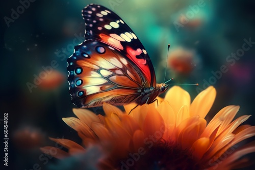 Vibrant Nature's Palette: Colorful Art of a Butterfly Serenely Perched on a Flower, colorful art, butterfly, flower, nature, vibrant, colorful, artwork, butterfly art, flower art, 