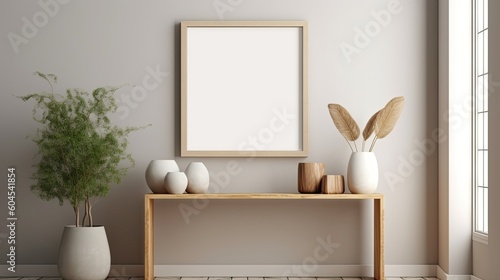 Stylish interior of living room with mock up poster frame, wooden commode, book, leaf in ceramic vase and elegant personal accessories. Minimalist concept of home decor. Template. 