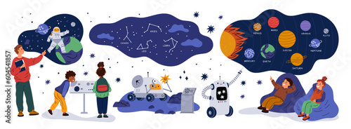 People in planetarium. Educational excursions in astronomy museum. Guide tells children about space. Cosmos exhibition in observatory. Stars constellations and planets. Garish vector set