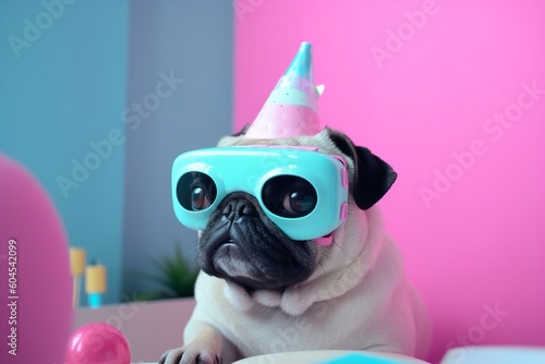 Adorable Pug Dog in Fairy Kei Style Explores Virtual Reality with VR Headset, fairy kei, pug dog, vr headset, virtual reality, cute, adorable, pet, fashion, style, colorful,  © Sumon